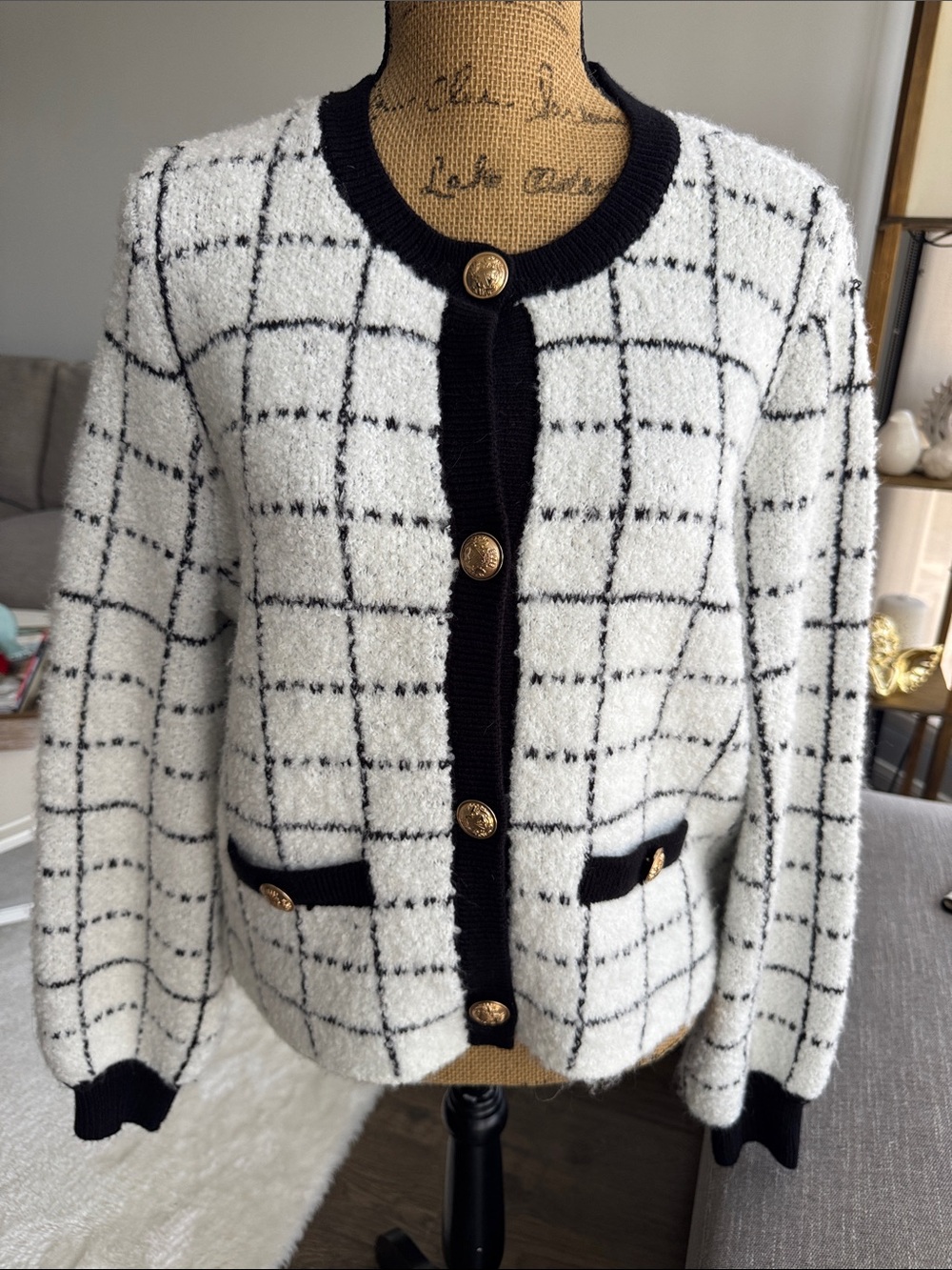 Express White and Black Windowpane Tweed Cardigan Blazer